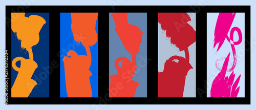 Five Abstract Art Panels with Orange Red Silhouettes