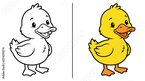 A cute duckling illustration presented as a fun coloring page for children featuring both a black and white outline and colored version