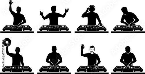 Set of dj silhouettes performing music with turntables and mixers