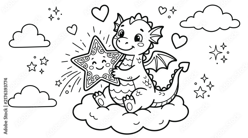 Fototapeta premium A cute baby dragon holding a smiling star on a fluffy cloud in this whimsical black and white coloring page illustration