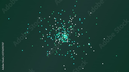 Abstract digital background with glowing blue and white floating particles in a cluster motion effect on a dark green surface