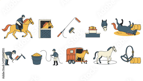 Foto Comprehensive equestrian icon set featuring riders stables grooming tools and horse trailers