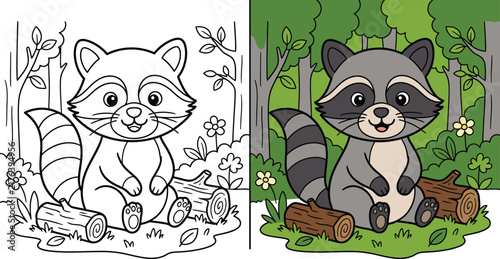 A cute raccoon illustration featuring a side by side comparison of a black and white coloring page and a colored version