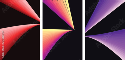 Three vertical panels with gradient fan shapes in red, yellow, orange, and purple on black background