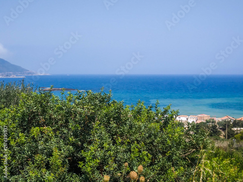 Canvas Print Mediterranean coastline featuring lush green foreground bushes overlooking a tra