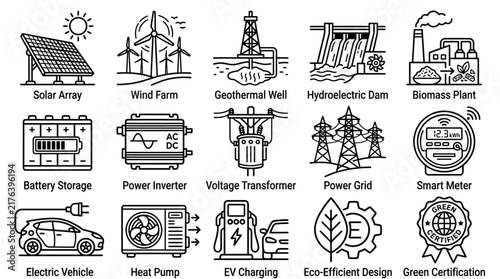 Set of Sustainable Energy Infrastructure Icons Representing Renewable Power Sources and Modern Electrical Grid Management Systems