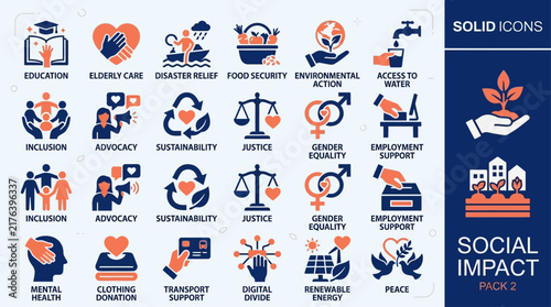 Set of Diverse Flat Vector Icons Representing Social Impact Initiatives and Community Development Programs for Humanitarian Outreach