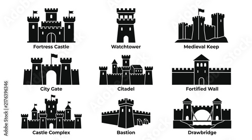 Black and white castle silhouettes set.