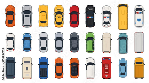 Top down view of diverse urban transport vehicles including passenger cars service trucks and emergency response units in a collection set