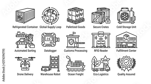 Comprehensive Set of Supply Chain and Logistics Icons Featuring Modern Automated Warehousing and Global Distribution Solutions