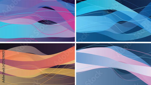 Four abstract backgrounds with overlapping translucent wavy shapes and thin intersecting linear paths