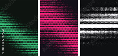 Three vertical panels featuring halftone patterns of small triangles in green, pink, and white colors