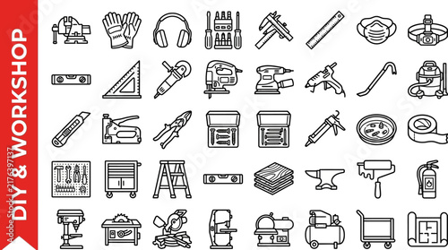 Comprehensive Collection of Construction and Workshop Hand Tool Icons for DIY Home Improvement Projects and Maintenance Tasks