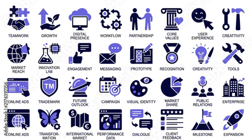 Comprehensive Collection of Modern Business and Management Vector Icons for Professional Digital Projects and Corporate Visual Communication