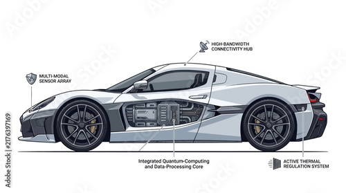 Advanced Futuristic Sports Car Engineering Blueprint with Integrated High Technology Computing and Sensor Systems