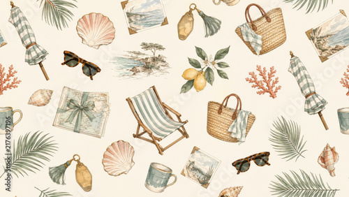Seamless pattern with travel elements like shells, maps, and sunglasses
