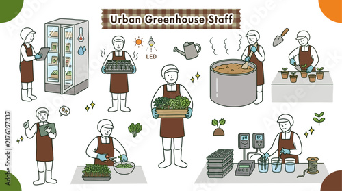 Hand-Drawn Vector Illustration Set of Professional Urban Greenhouse Staff Engaged in Sustainable Indoor Farming Activities