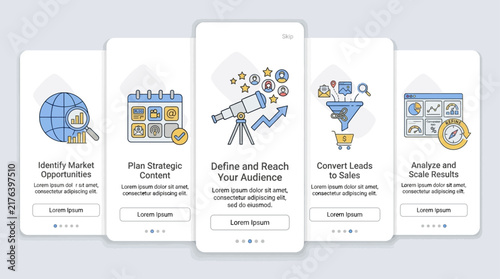 Mobile App Onboarding Screens Illustrating Five Step Digital Marketing Strategy Workflow And Growth Analytics