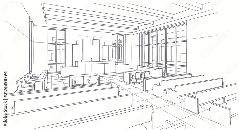 Fototapeta premium Architectural sketch of a modern courtroom interior design.