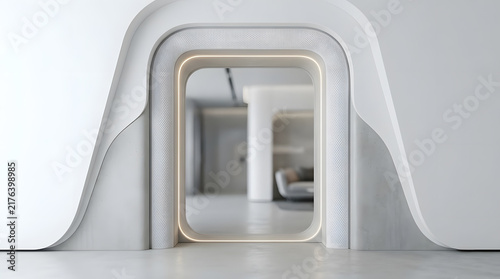 Minimalist white interior architecture with a glowing futuristic doorway and clean lines