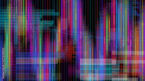 Abstract digital background with colorful vertical light streaks and geometric grid patterns.