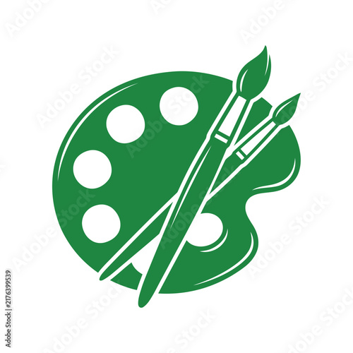 Green artist palette vector icon with two paintbrushes for creative art and painting design
