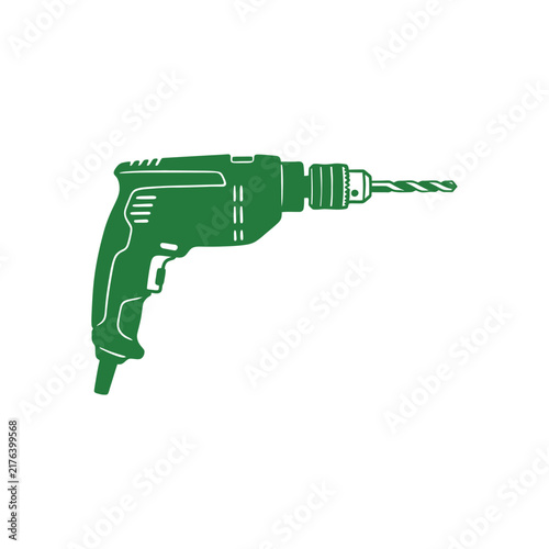 Green electric drill vector icon with drill bit for construction and home improvement design