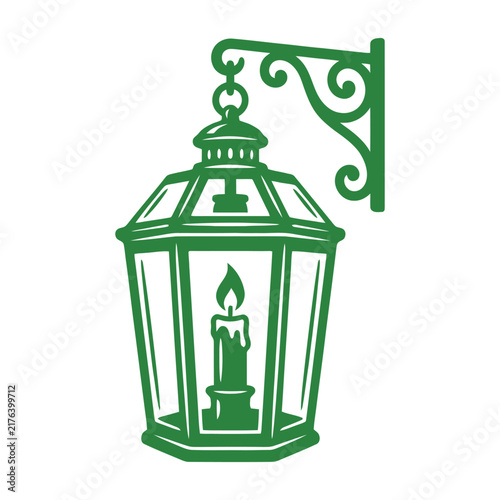 Green vector icon of a vintage hanging lantern with a burning candle on an ornate wall bracket