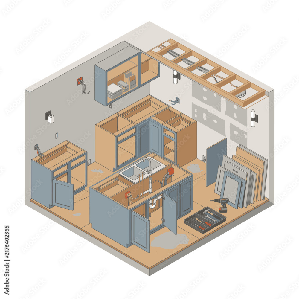Obraz premium Modern kitchen and workshop interior isometric view.