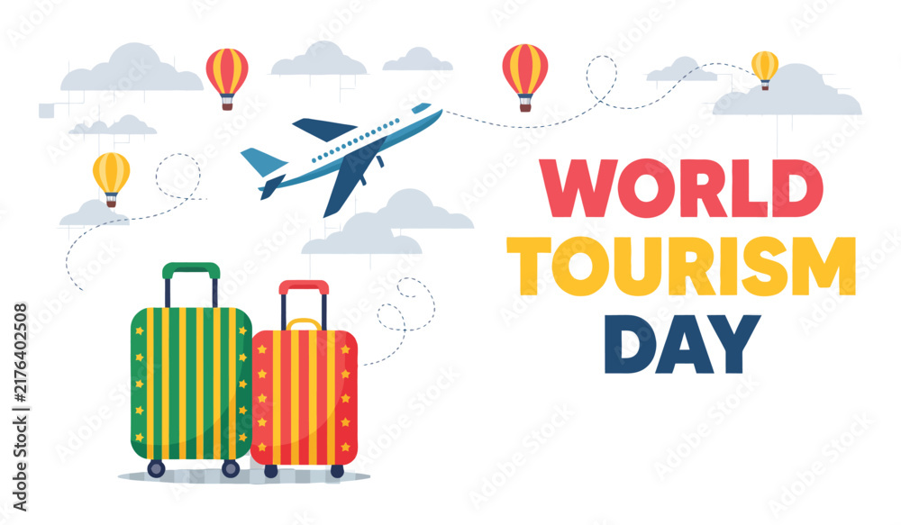 Obraz premium World Tourism Day Banner Concept with Luggage Airplane and Hot Air Balloons Vector