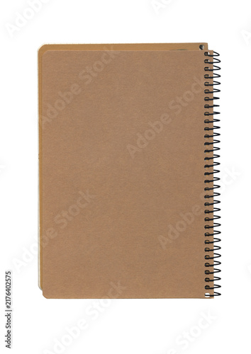 Foto Closed spiral notebook with brown kraft cardboard back cover on a transparent ba