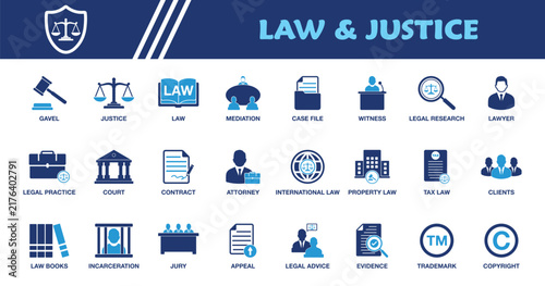 Law & Justice Icon Set. Collection of Legal Services, Court Proceedings, Contracts, Litigation, Attorneys, Evidence and More Icons. Editable Vector Illustration.