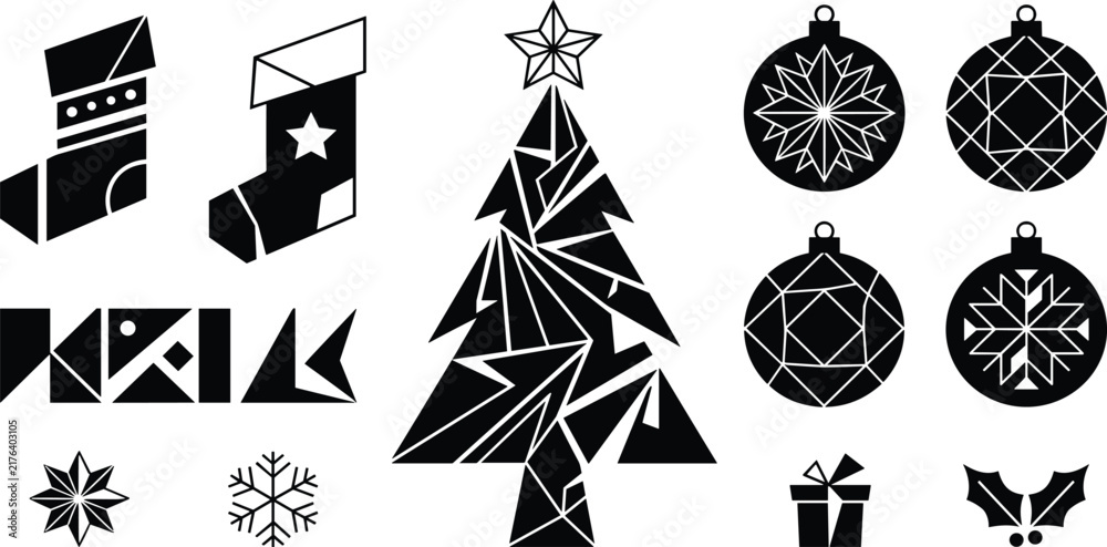 Fototapeta premium Geometric Christmas elements bundle with abstract tree baubles stockings gift and snowflakes vector icon illustration isolated on white background
