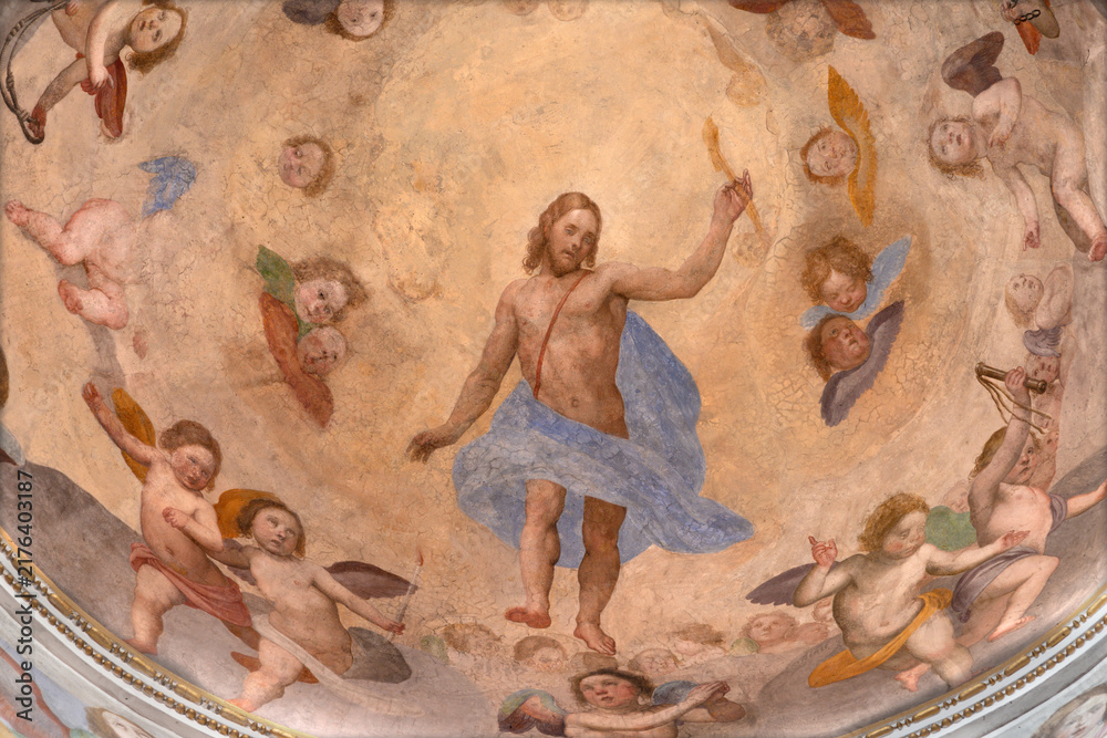 Fototapeta premium Pisa - The fresco of Resurrected Jesus amon the anggels in the side cupola of church Chiesa di San Frediano by Domenico Cresti (1559–1638).