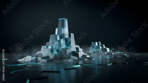 Obraz na płótnie Translucent Voronoi partitions rising from dark surface – Suitable for biological data visualizer, spatial algorithms, or futuristic database graphics.