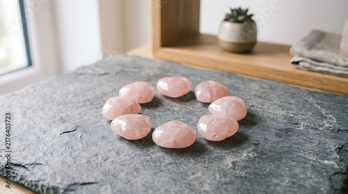 Heart-shaped rose quartz crystals arranged in a circle on a natural slate stone surface