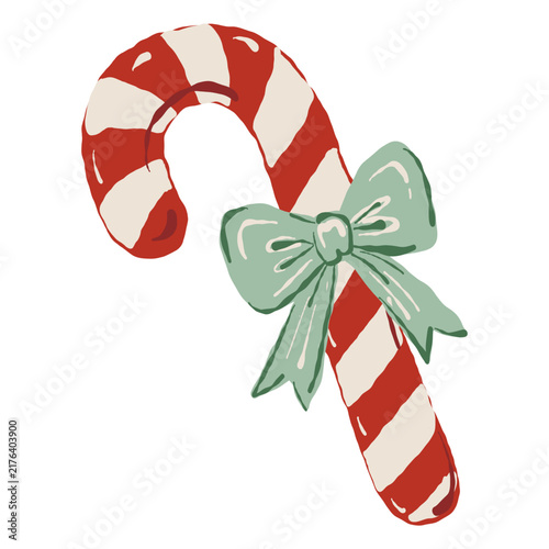 Festive red and white candy cane decorated with a green bow. Cute Christmas candy vector illustration for holiday cards, stickers, gift tags, invitations and seasonal designs