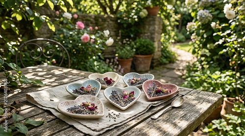 Heart-shaped ceramic dishes filled with dried lavender and rosebuds arranged on a rustic wooden table in a garden
