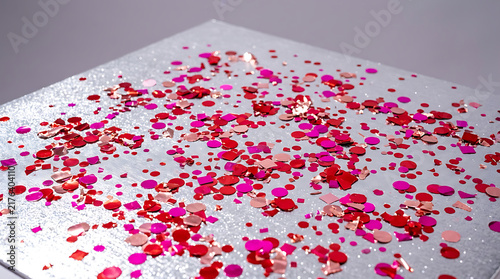 Red and pink confetti scattered on a sparkling silver background