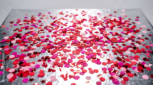 Red and pink confetti scattered on a reflective silver surface