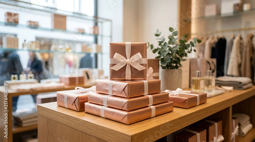 Rose gold gift boxes stacked on a wooden store counter