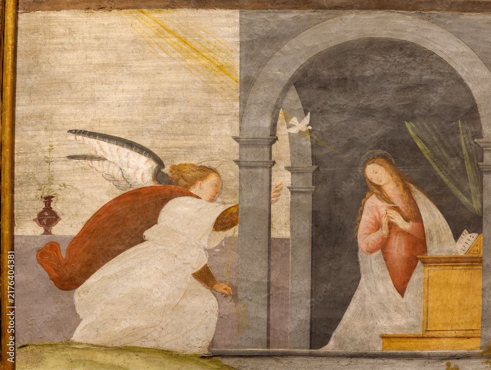 Fototapeta premium VERCELLI, ITALY - JANUARY 16, 2026: The renaissance fresco of Annunciation - in the church Chiesa di San Cristoforo by Gaudenzio Ferrari (1529 - 1534).