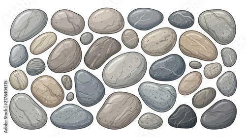 Detailed Vector illustration of a diverse collection of smooth river stones and rounded pebbles in various grey and tan shades for design