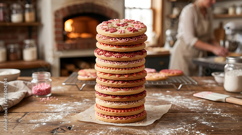 Stack of elaborately decorated pink and red sugar cookies on a rustic wooden kitchen counter