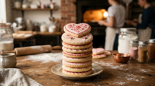 Stack of ornately decorated heart-shaped sugar cookies on a rustic wooden table in a bakery kitchen