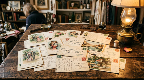 Vintage postcards scattered on a rustic wooden table in a dimly lit antique shop