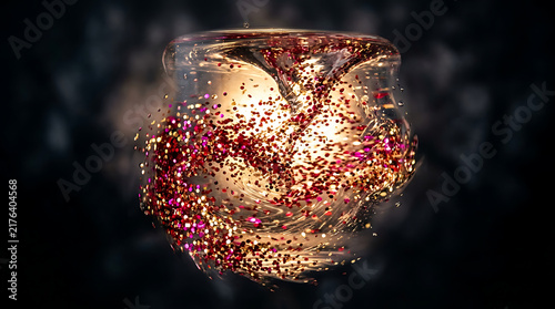Vortex of sparkling red and gold glitter swirling in clear liquid against a dark background