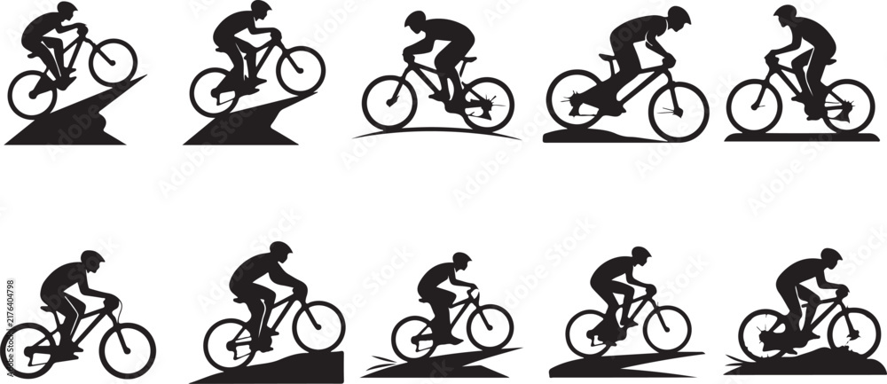Obraz premium Bmx rider silhouettes, bike stunts graffiti, urban cycling set, black vector
