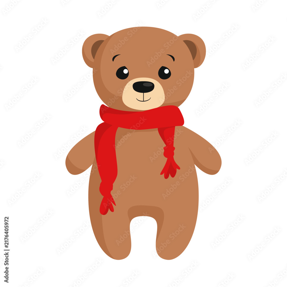 Obraz premium Cute brown teddy bear with red scarf, isolated vector illustration.