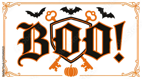 Halloween spooky boo vector text with bats and pumpkin
